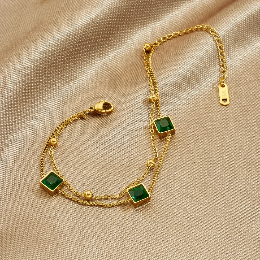 Zircon Emerald Gemstone Inlay Gold Charm Bracelet - Stainless Steel - Womens