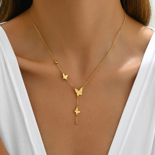 Y2K Gold Butterfly Charm Lariat Necklace - Womens
