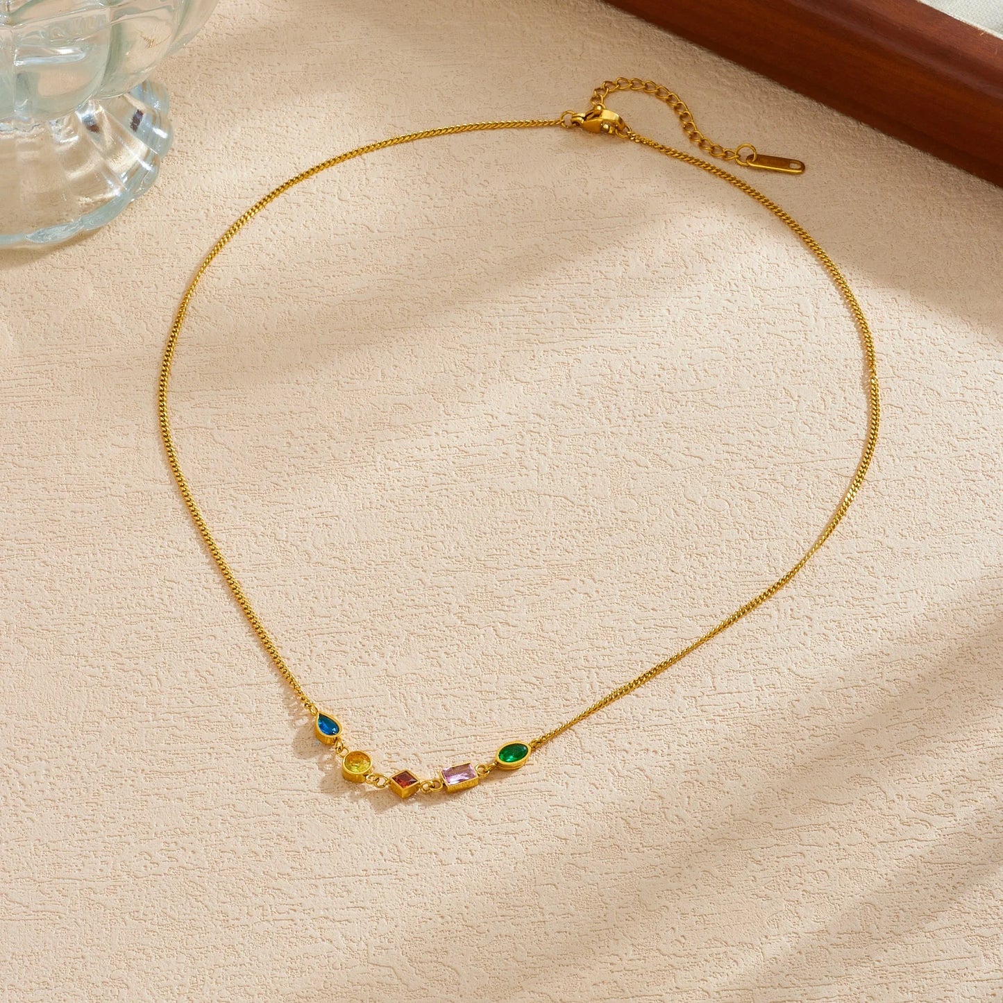 Crystal Rainbow Gemstone Gold Necklace - Stainless Steel - Womens