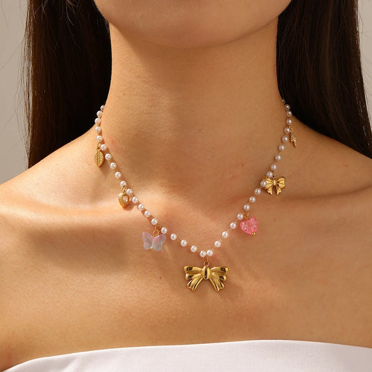 Coquette Bow Heart Butterfly Pearl Pendant Charm Necklace - Womens