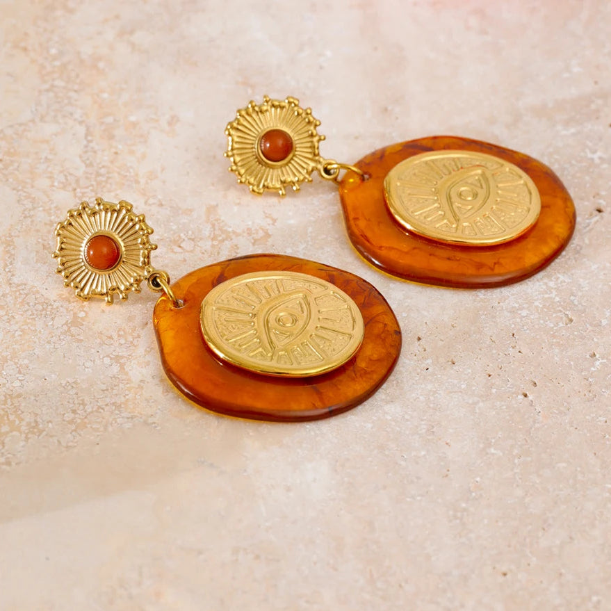 Vintage Amber Resin Evil Eye Gold Drop Earrings - Womens