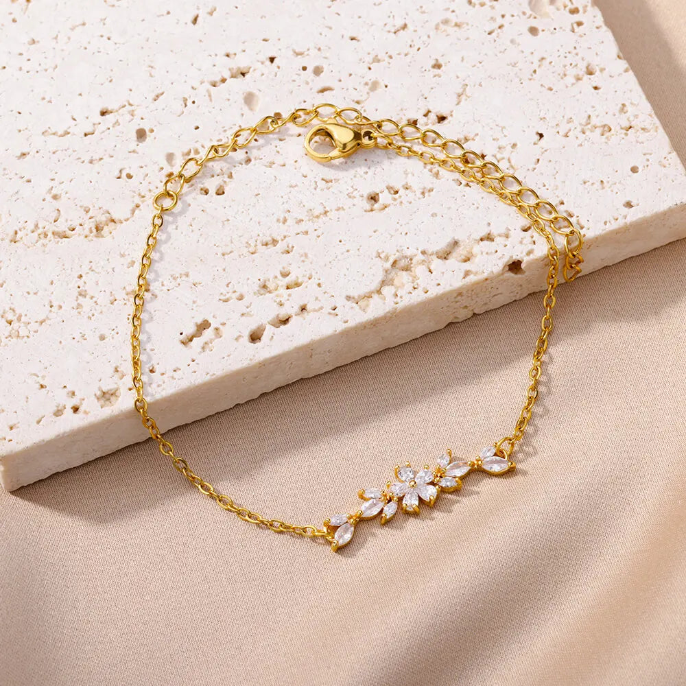 Zircon Flower Charm Bracelet - Gold & Silver - Womens