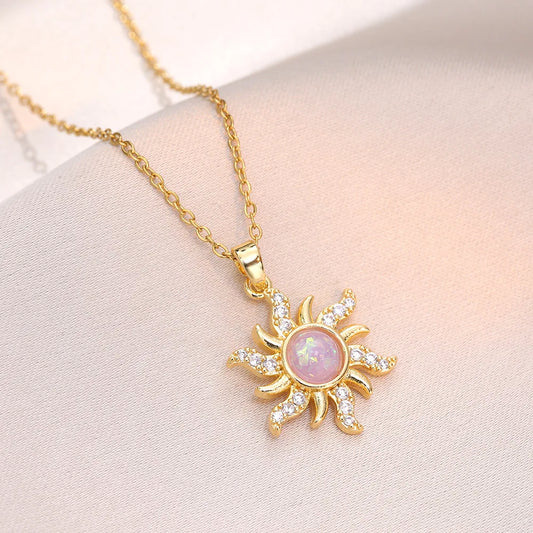 White & Pink Opal Sun Zircon Pendant Necklace - Womens