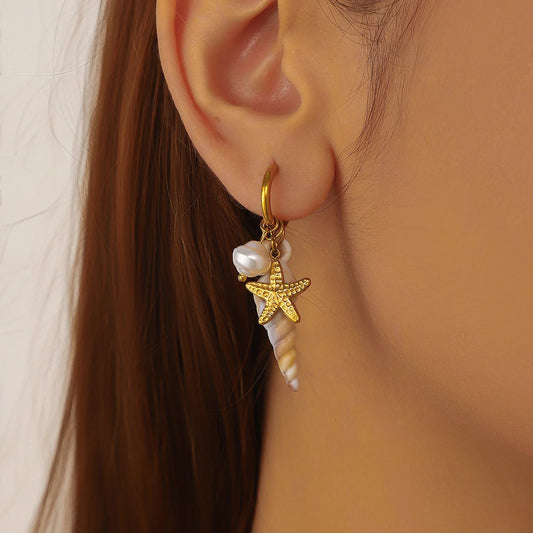 Boho Pearl Starfish Conch Seashell Dangle Gold Hoop Earrings - Womens