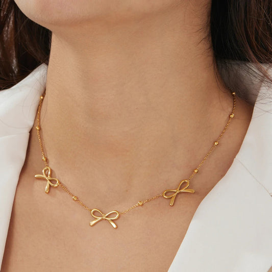 Coquette Gold Bow Necklace Choker - Womens
