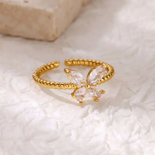Zircon Butterfly Gold Adjustable Ring - Womens
