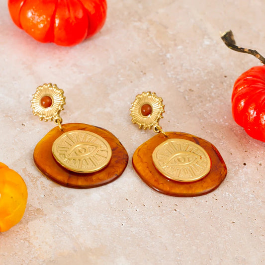 Vintage Amber Resin Evil Eye Gold Drop Earrings - Womens