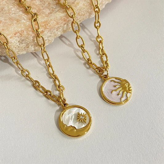 Vintage Sun and Moon Shell Gold Coin Pendant Necklace - Womens