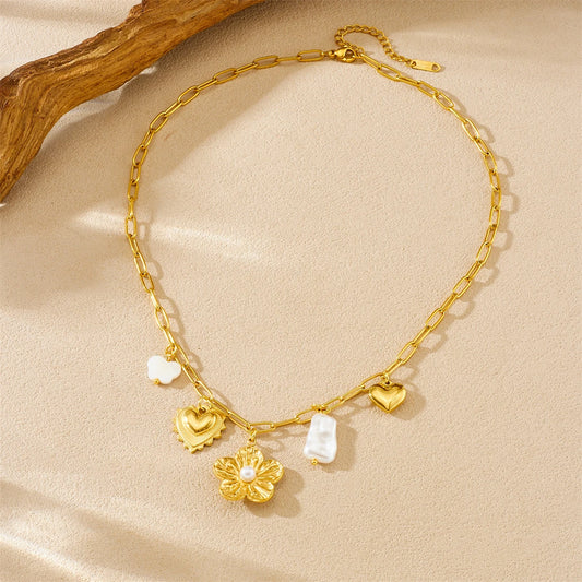 Coquette Flower Heart Gold Pearl Pendant Necklace - Womens