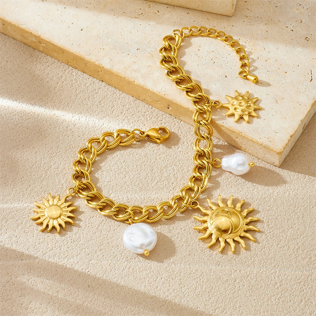 Boho Sun Pearl Pendant Gold Charm Bracelet - Stainless Steel - Womens