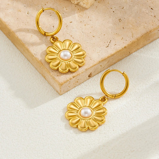 Boho Flower Pearl Pendant Gold Hoop Earrings - Womens
