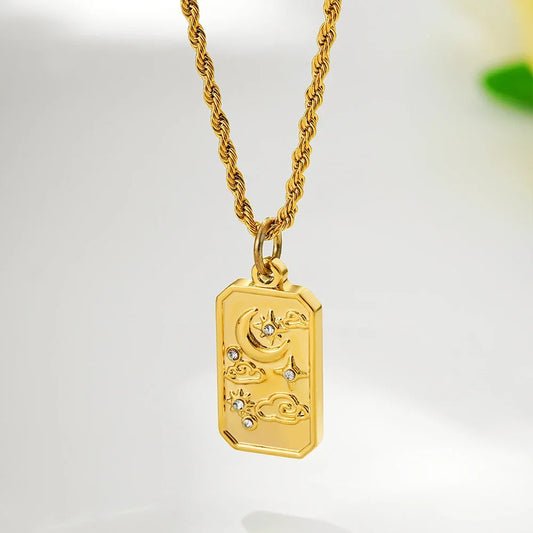 Vintage Tarot Cloud Star and Moon Gold Rope Chain Pendant Necklace - Womens