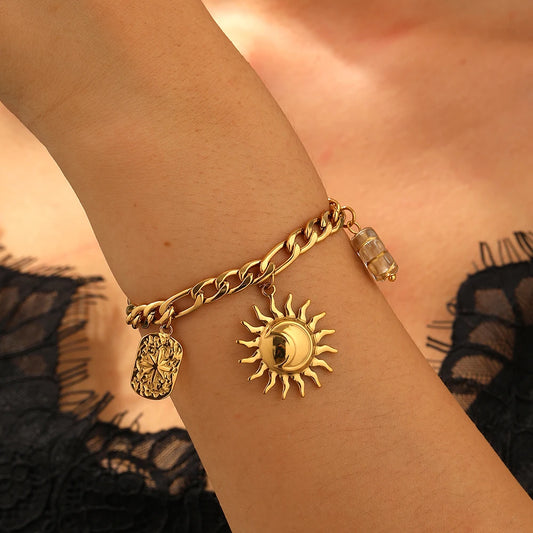 Coquette Sun Pendant Crystal Flower Gold Charm Bracelet - Stainless Steel - Womens