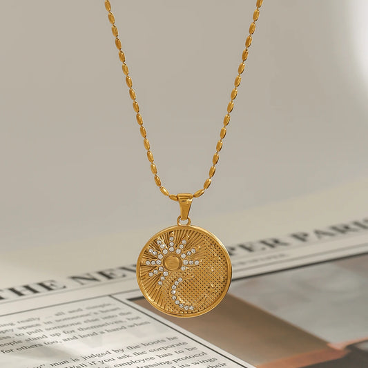 Vintage Sun Star and Moon Gold Pendant Necklace - Stainless Steel - Womens
