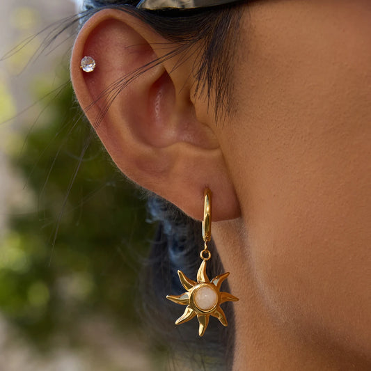 Celestial Moonstone Sun Gold Pendant Dangle Earrings - Womens