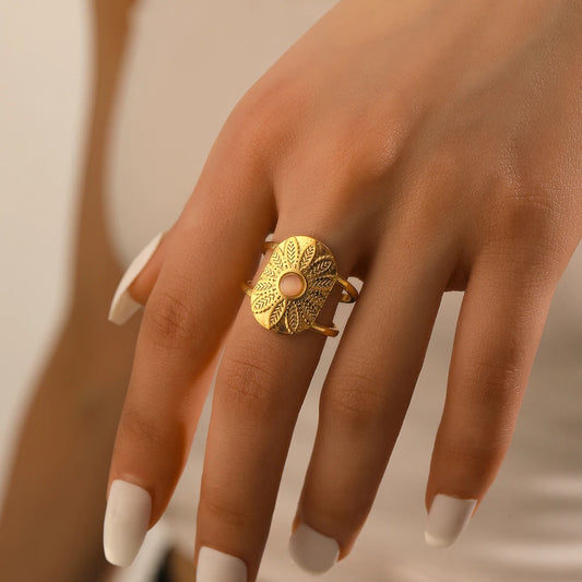Boho Pink Stone Flower Leaf Inlay Gold Open Ring - Womens