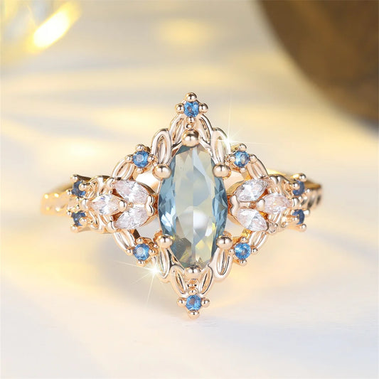 Vintage Princess Oval Stone Blue Crystal Marquise Ring - Womens