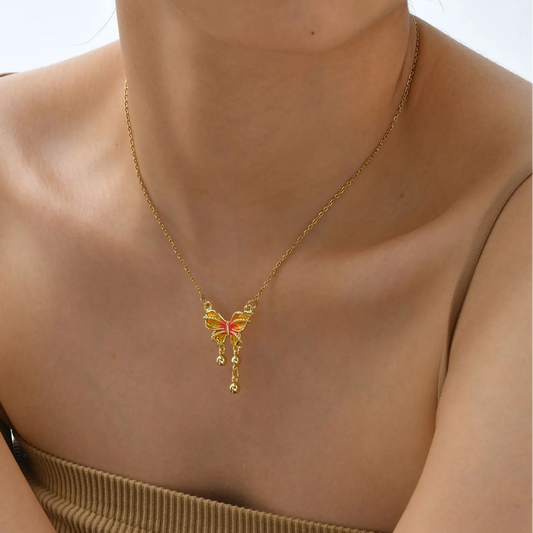Y2K Dainty Orange Butterfly Pendant Necklace - Womens