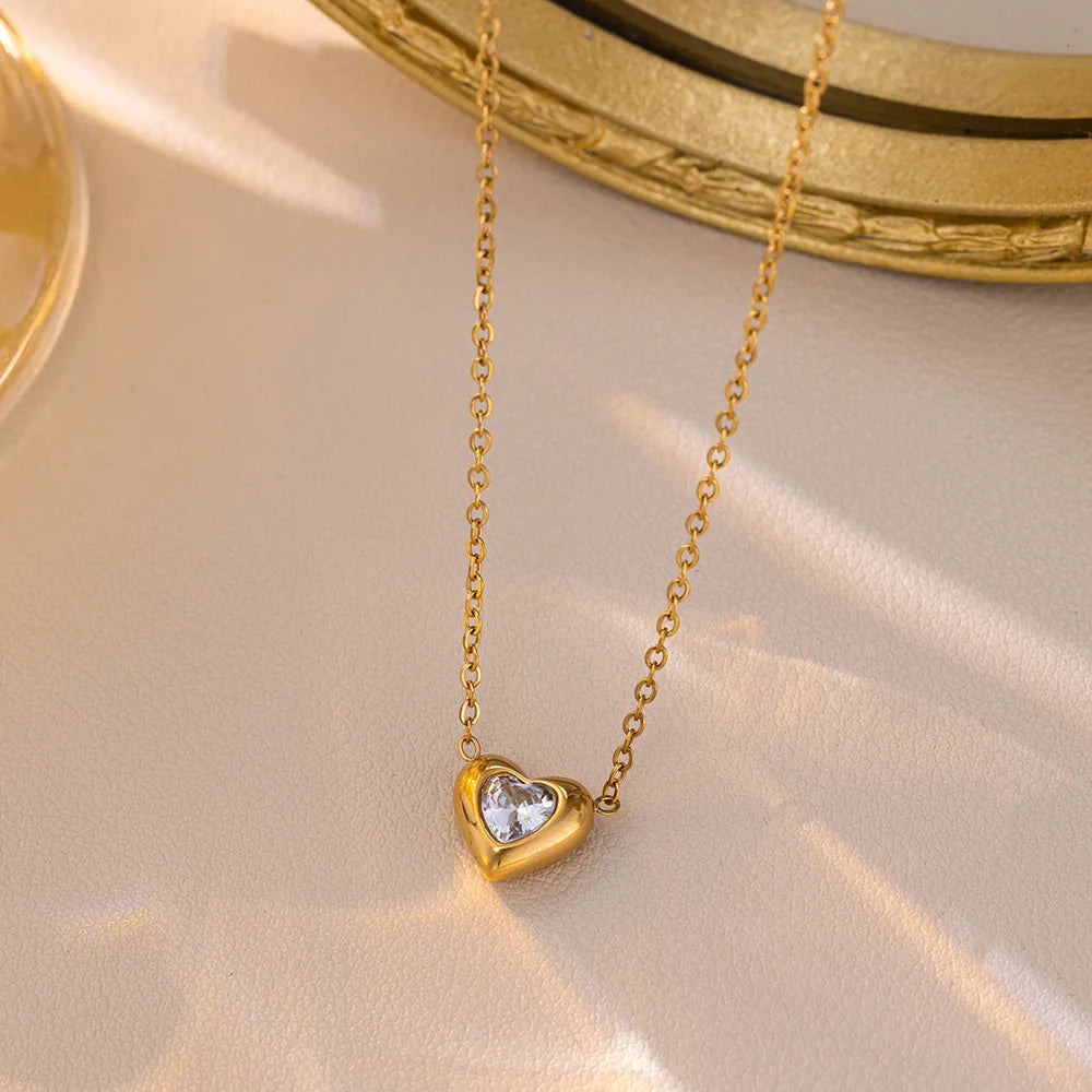 Heart Pink & Silver Crystal Gemstone Gold Pendant Necklace - Womens