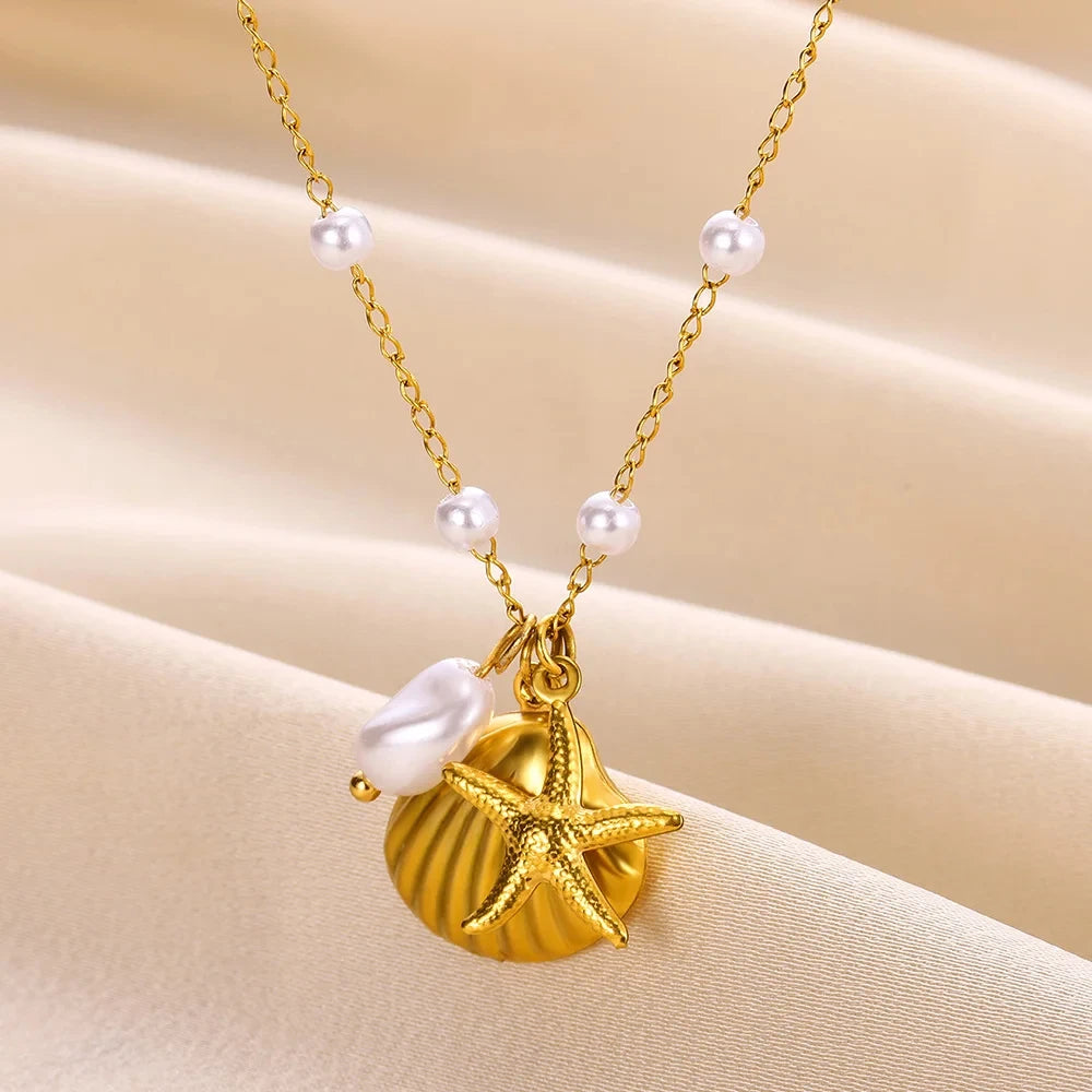 Boho Beach Pearl Shell Gold Charm Necklace - Womens