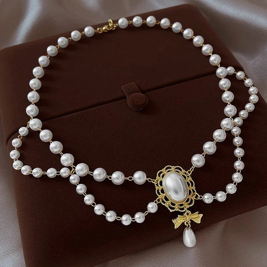 Coquette Pearl Bow Vintage Choker Necklace - Womens