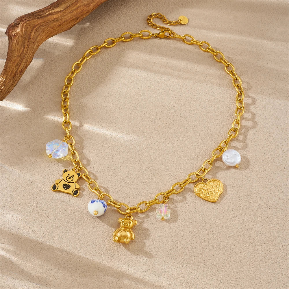 Pearl Teddy Bear Heart Pendant Gold Charm Necklace - Stainless Steel - Womens