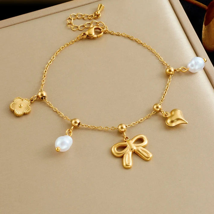 Coquette Flower Bow & Heart Gold Pearl Charm Bracelet - Womens