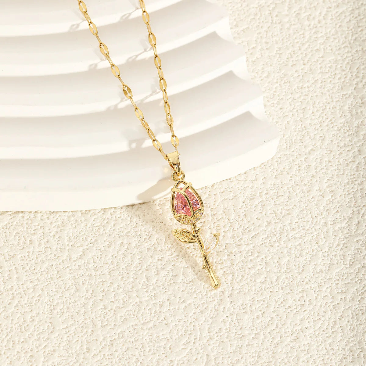 Elegant Zircon Flower Rose Gold Pendant Necklace - Pink & Red - Womens