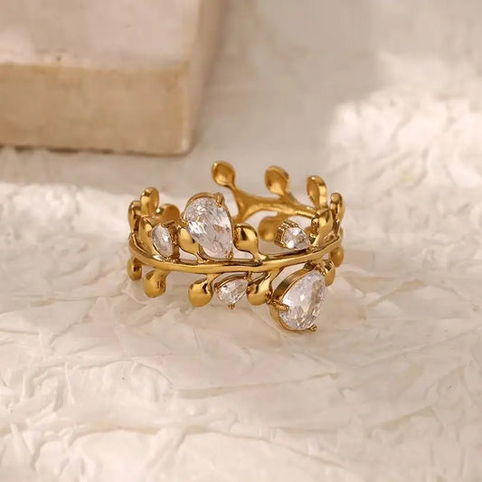 Vintage Zircon Gold Leaf Adjustable Ring - Womens