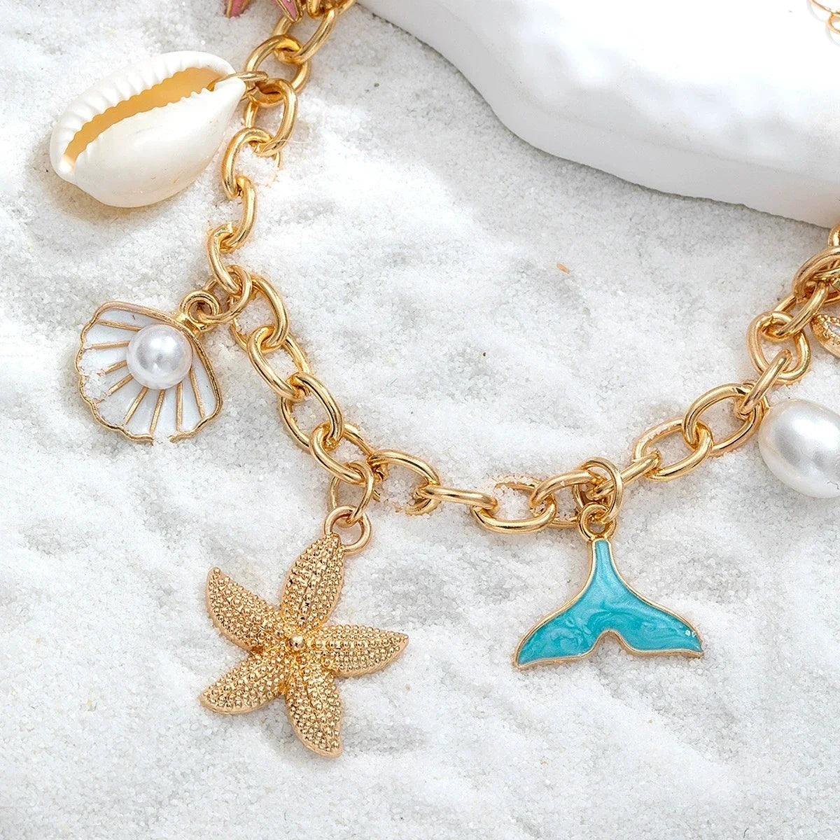 Boho Beach Seashell Gold Charm Bracelet - Adjustable - Womens