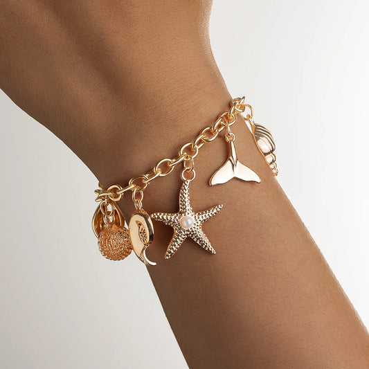 Boho Shell Starfish Mermaid Gold Pendant Adjustable Charm Bracelet - Womens