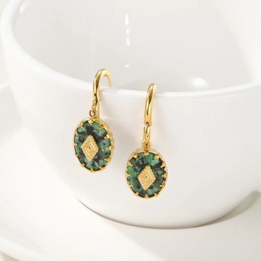 Boho African Turquoise Natural Stone Gold Drop Hoop Earrings - Womens