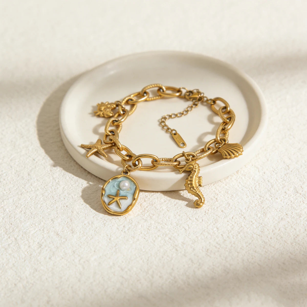 Boho Beach Starfish Seashell Pearl Pendant Gold Charm Bracelet Adjustable - Stainless Steel - Womens