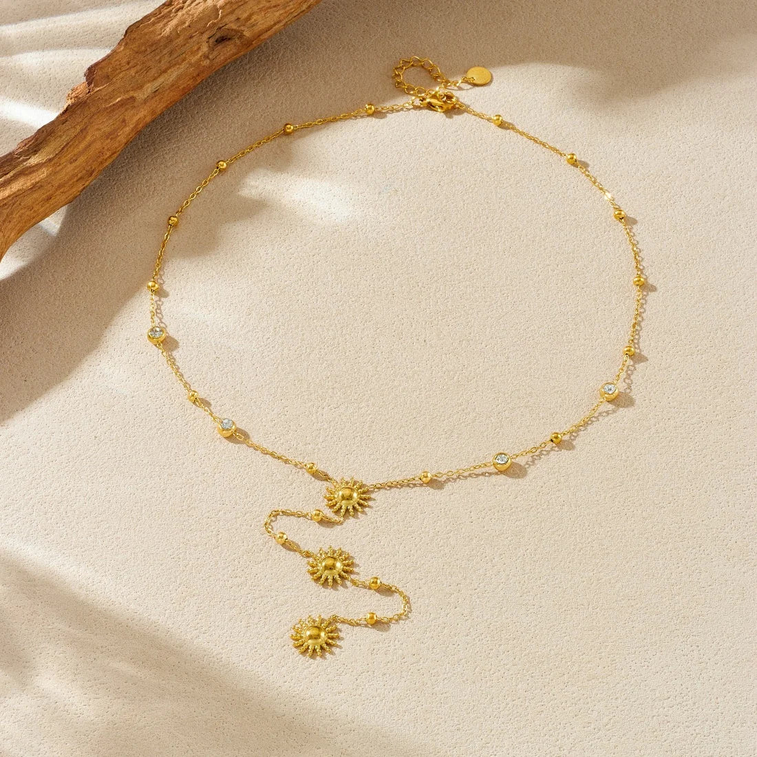 Zircon Gemstone Sun Pendant Lariat Gold Charm Necklace - Stainless Steel - Womens