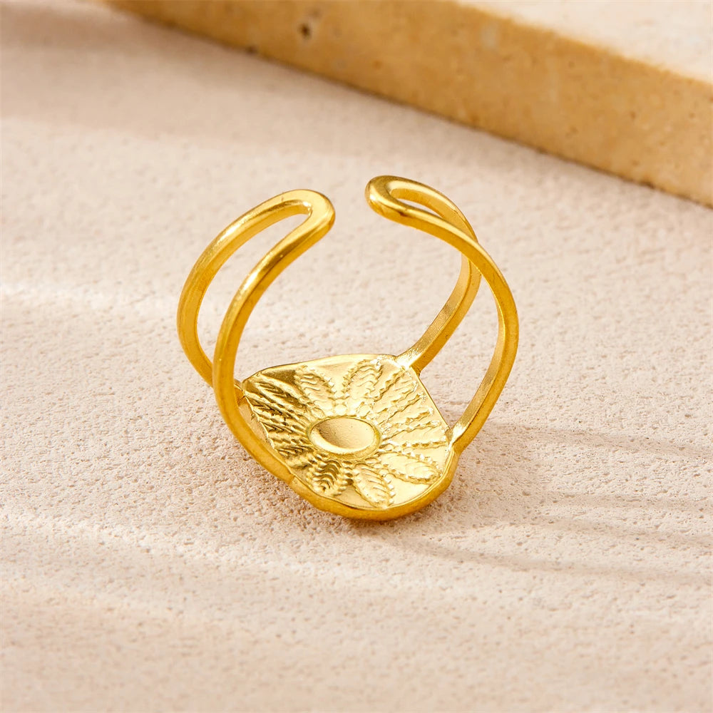 Boho Pink Stone Flower Leaf Inlay Gold Open Ring - Womens