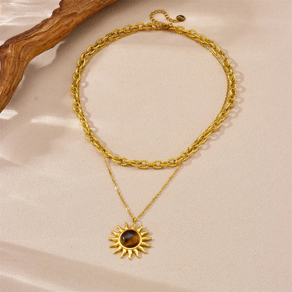 Boho Amber Sun Layered Gold Pendant Necklace - Womens