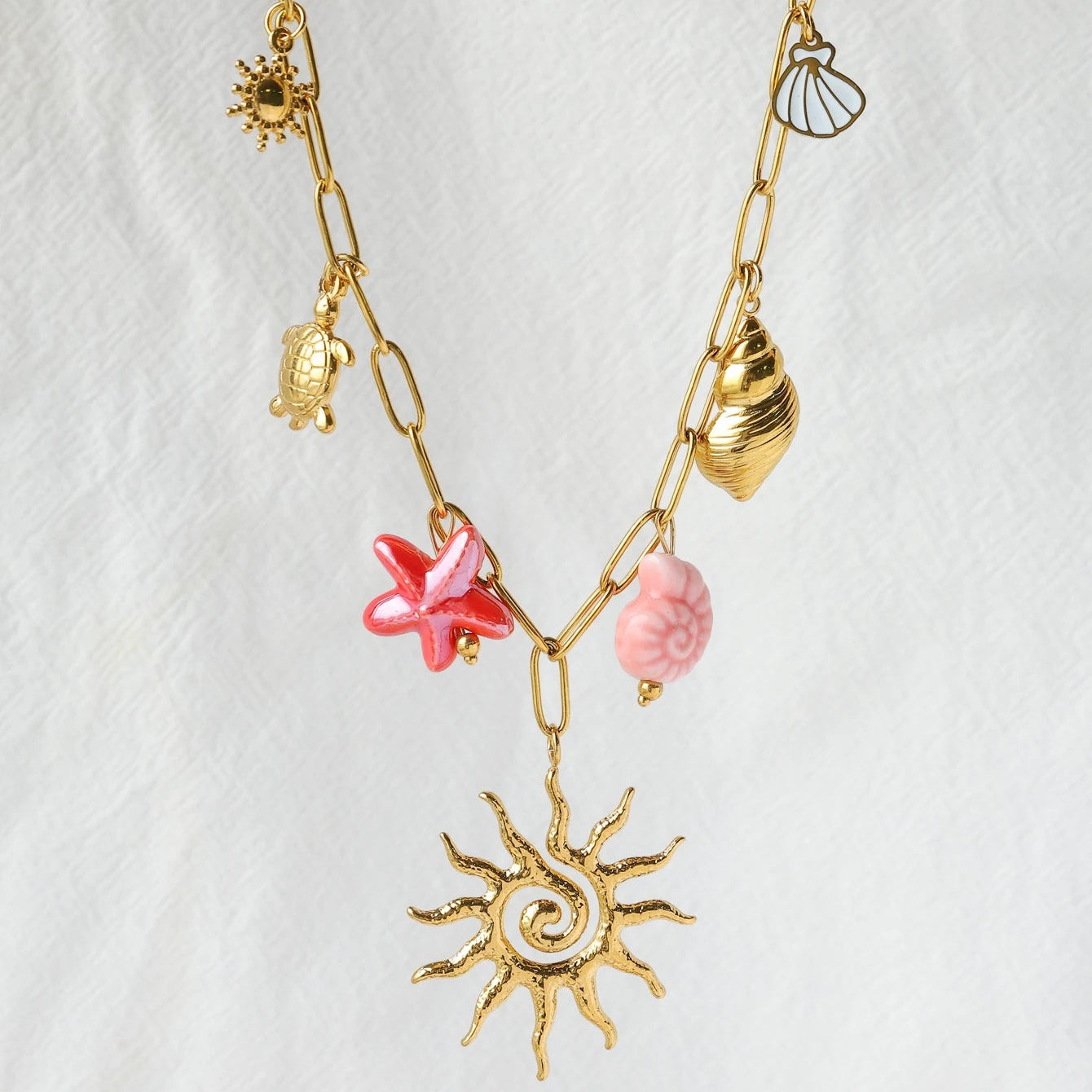 Boho Beach Mermaid Seashell Sun Gold Pendant Charm Necklace - Womens