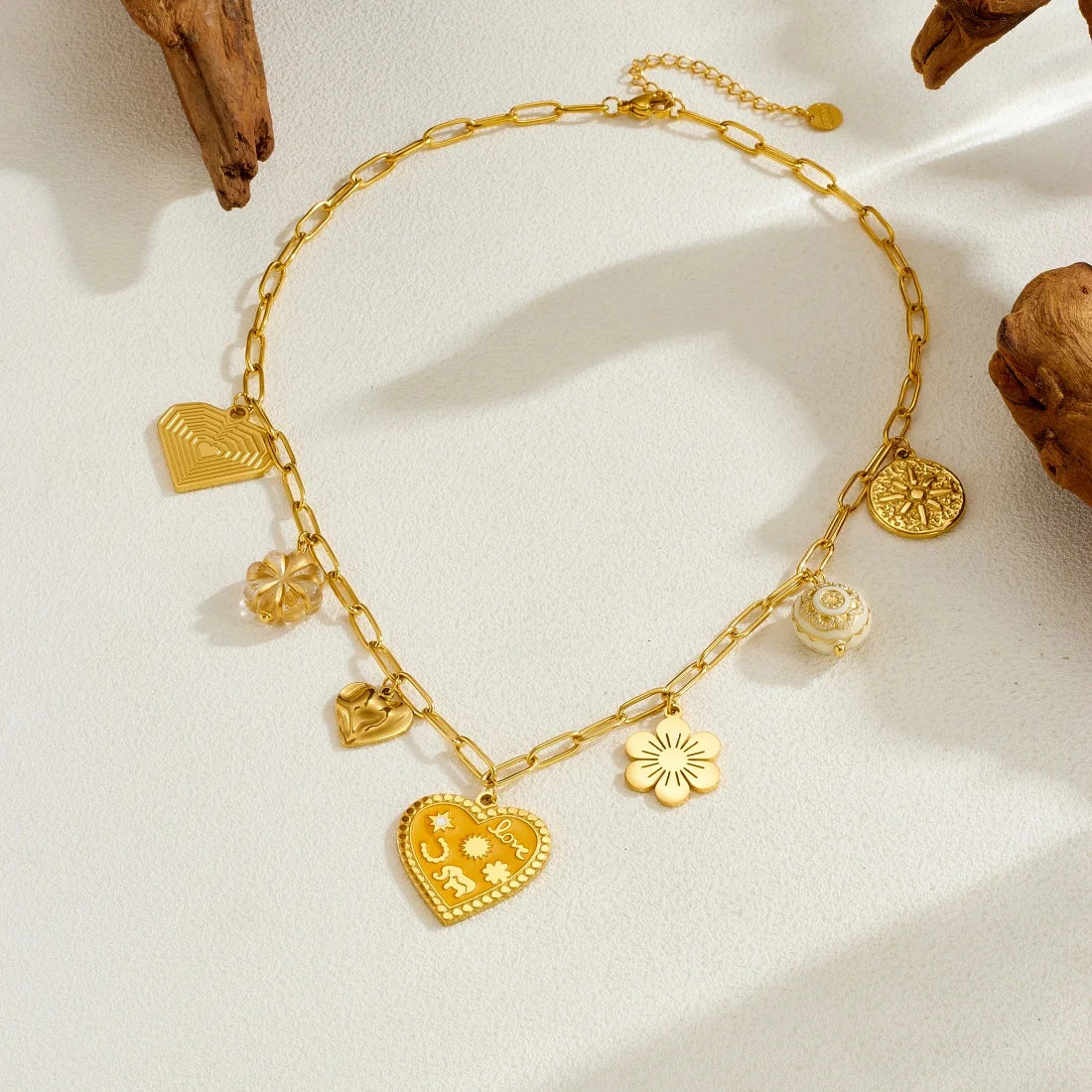 Coquette Heart Flower Sun Gold Pendant Charm Necklace - Womens
