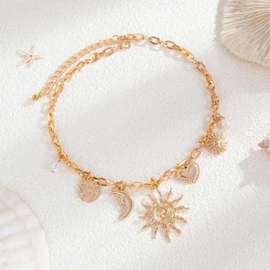 Heart, Sun and Moon Pearl Pendant Necklace - Adjustable Gold - Womens