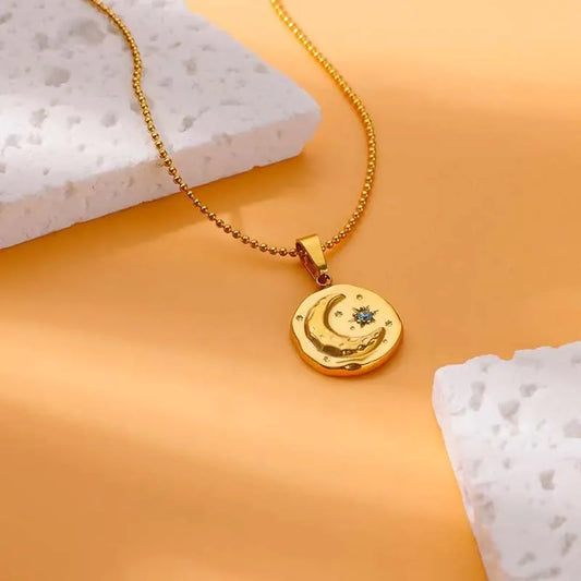 Blue Zircon Moon and Star Pendant Gold Charm Necklace - Stainless Steel - Womens