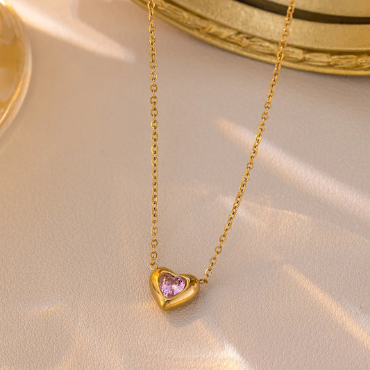 Heart Pink & Silver Crystal Gemstone Gold Pendant Necklace - Womens