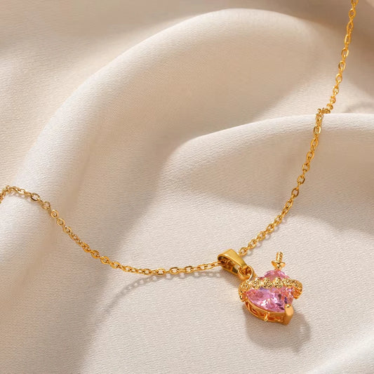 Pink Zircon Rose Heart and Sword Gold Pendant Valentine's Necklace - Womens