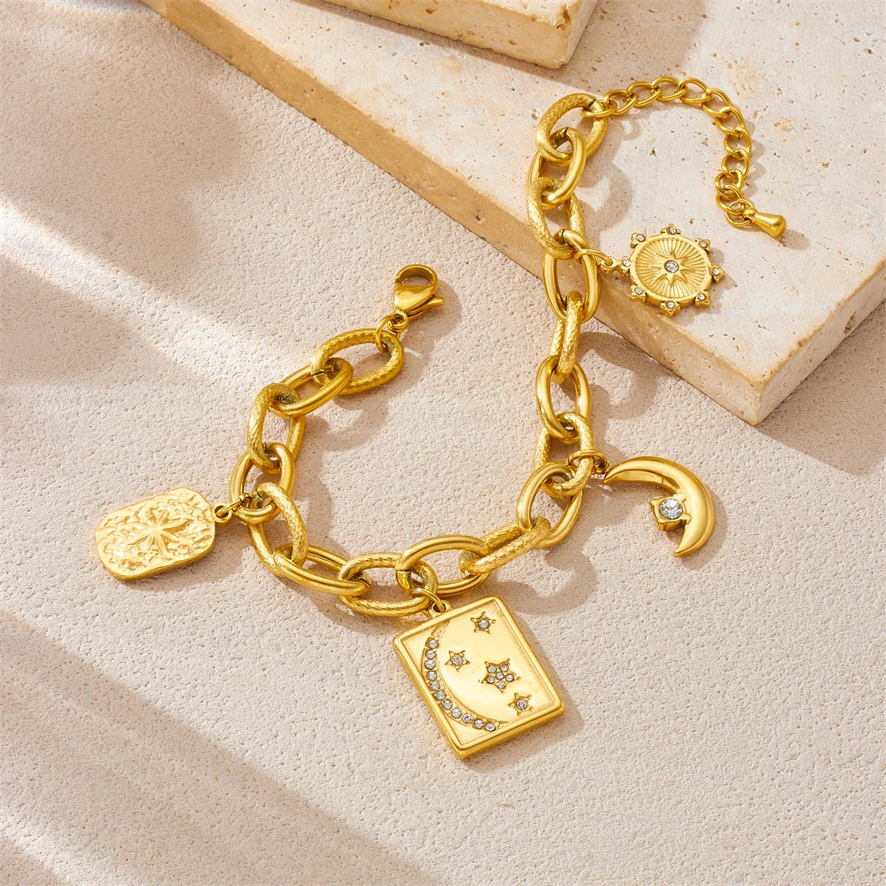 Zircon Inlay Celestial Star Sun and Moon Pendant Gold Charm Bracelet - Stainless Steel - Womens