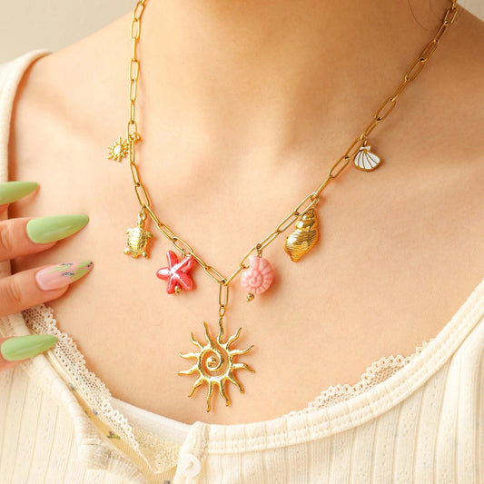 Boho Beach Mermaid Seashell Sun Gold Pendant Charm Necklace - Womens