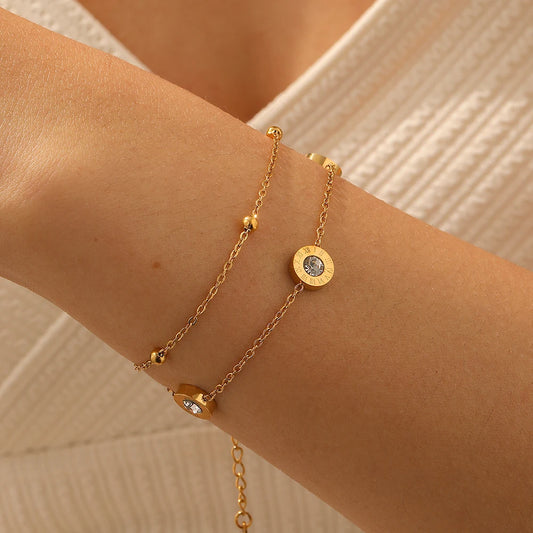 Zircon Gemstone Roman Numerals Round Inlay Gold Bracelet Set - Stainless Steel - Womens