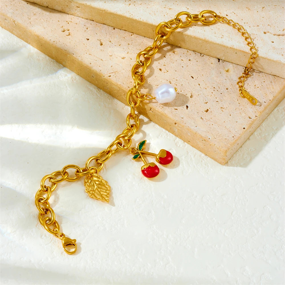 Coquette Cherry Pearl Gold Pendant Charm Bracelet - Womens