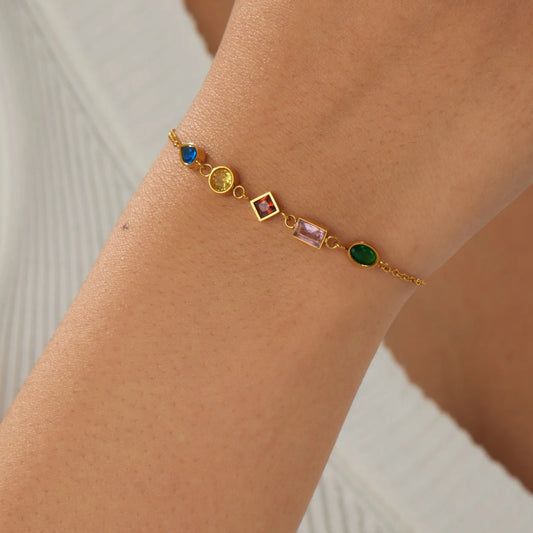 Crystal Rainbow Gemstone Gold Charm Bracelet - Stainless Steel - Womens