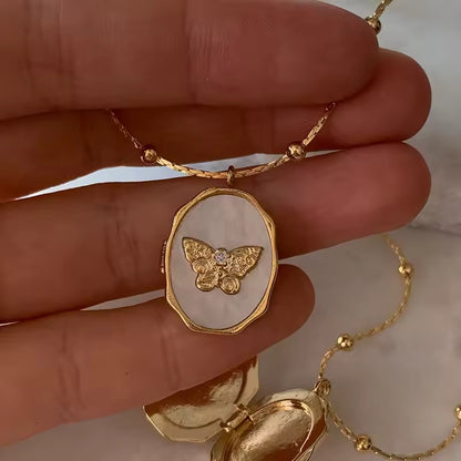 Butterfly Seahell Photo Locket Gold Pendant Necklace - Womens
