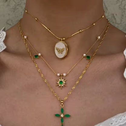 Butterfly Seahell Photo Locket Gold Pendant Necklace - Womens