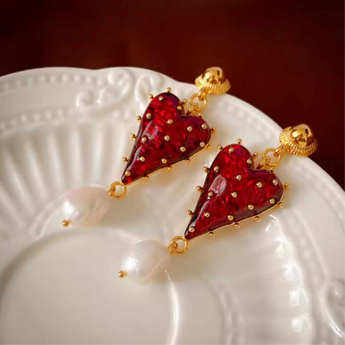 Baroque Red and Gold Heart Pearl Valentine's Day Dangle Earrings - Womens